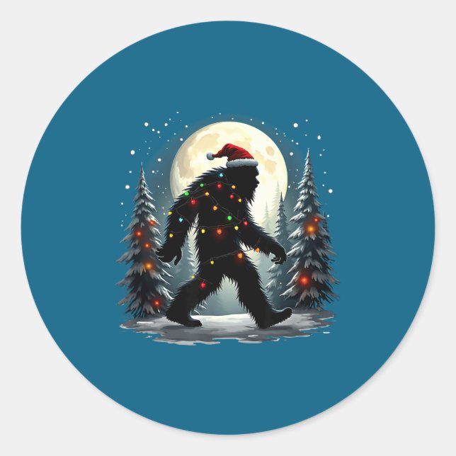 Pegatina Redonda Sasquatch 67 Santa Bigfoot Christmas Tree Funny  (Anverso)