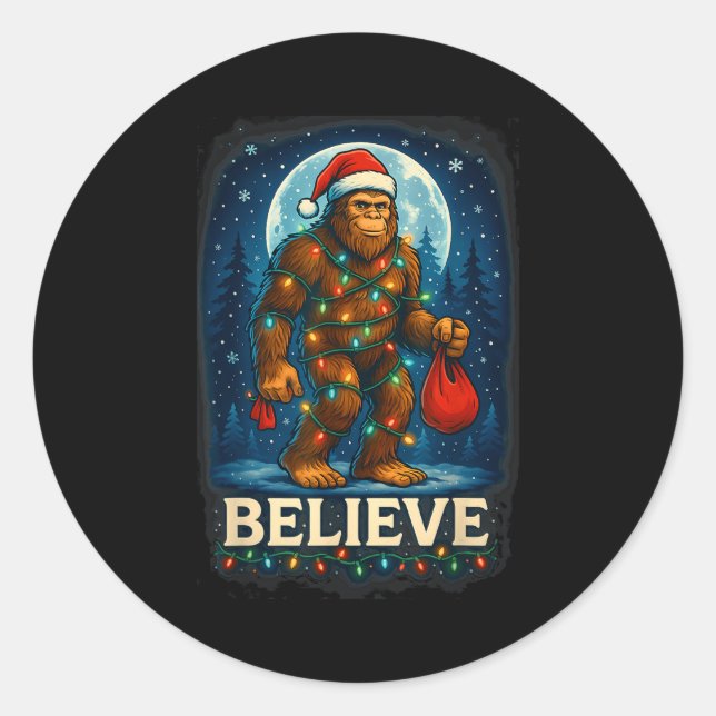 Pegatina Redonda Sasquatch Christmas Lights Holiday Believe  (Anverso)