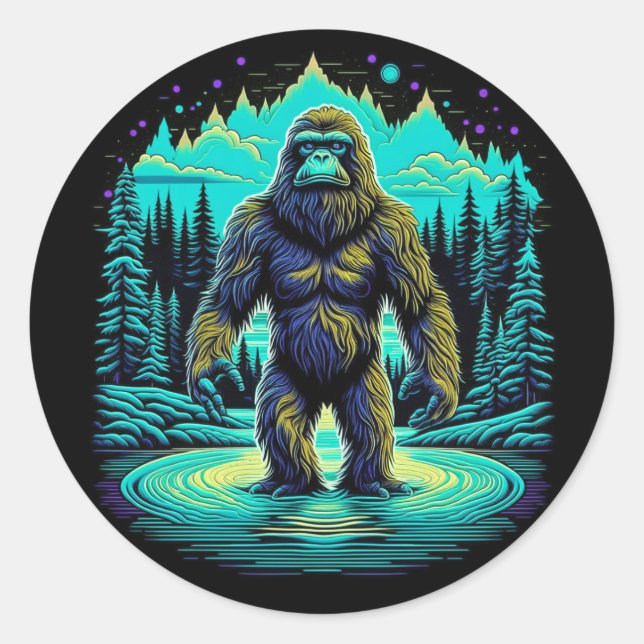 Pegatina Redonda Sasquatch en el Woods Ai Art (Anverso)