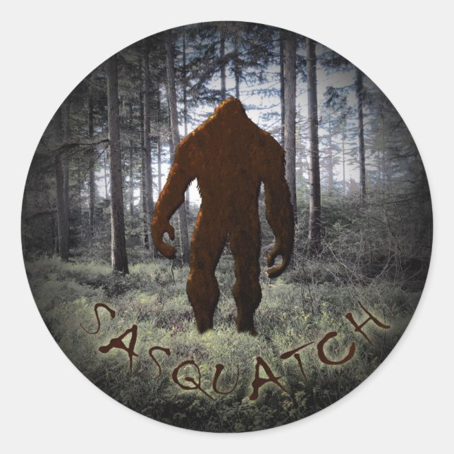 PEGATINA REDONDA SASQUATCH EN MADERA (Anverso)