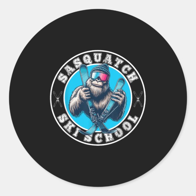 Pegatina Redonda Sasquatch Ski School Funny Bigfoot Skiing  (Anverso)