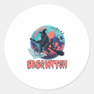 Pegatina Redonda Sasqwitch Bigfoot Bruja Escoba Gato Negro Luna Hal