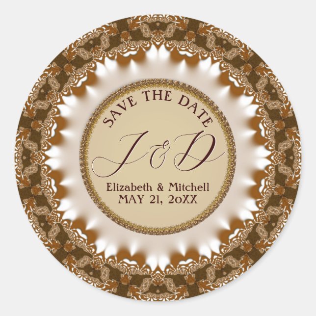 Pegatina Redonda Satin Earth Lace Monograma Salva la Fecha (Anverso)