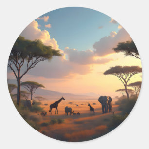 Pegatina Redonda Savannah Dawn – Paisaje Clásico Amanecer Africano 