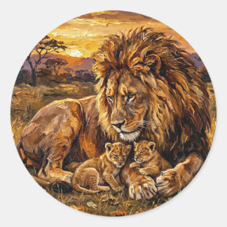Pegatina Redonda Savannah Family Lion Sticker | Arte a Oil Wildlife