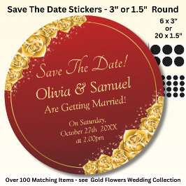 Pegatina Redonda Save The Date - Gold Flowers Maroon Red 