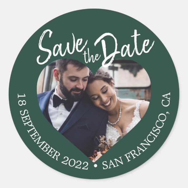 Pegatina Redonda Save the Date Heart Photo Dark Green (Anverso)