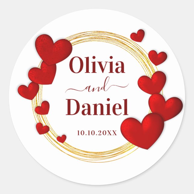 Pegatina Redonda Save the Date, Personalized Wedding Red Hearts  (Anverso)