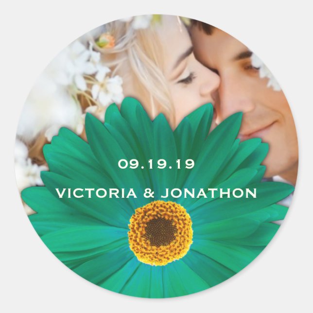 Pegatina Redonda Save the Date Photo Emerald Gerber Daisy Boda (Anverso)