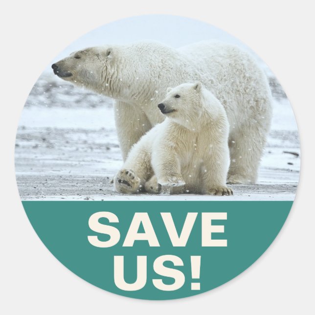 Pegatina Redonda "Save Us!" Global Warming Slogan with Polar Bears (Anverso)