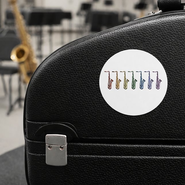 Pegatina Redonda Saxofón Tenor Gradiente de Arcoíris Arte Pop Music (A sticker with a lineup of rainbow saxophones in red, orange, green, blue, purple, yellow & pink.)