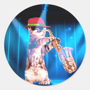 Pegatina Redonda Saxofonista del gato bonito