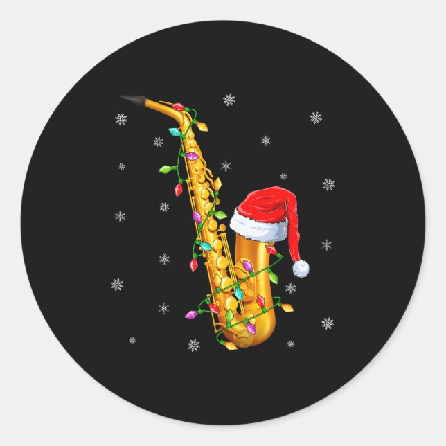 Pegatina Redonda Saxophone Music Lover Xmas Lights Santa Saxophone  (Anverso)