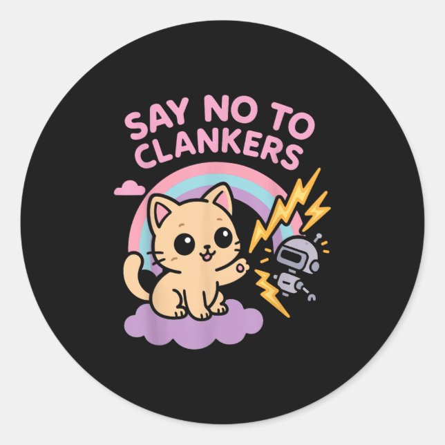 Pegatina Redonda Say No To Clankers Anti Ai Robots Cute Kitten Rain (Anverso)