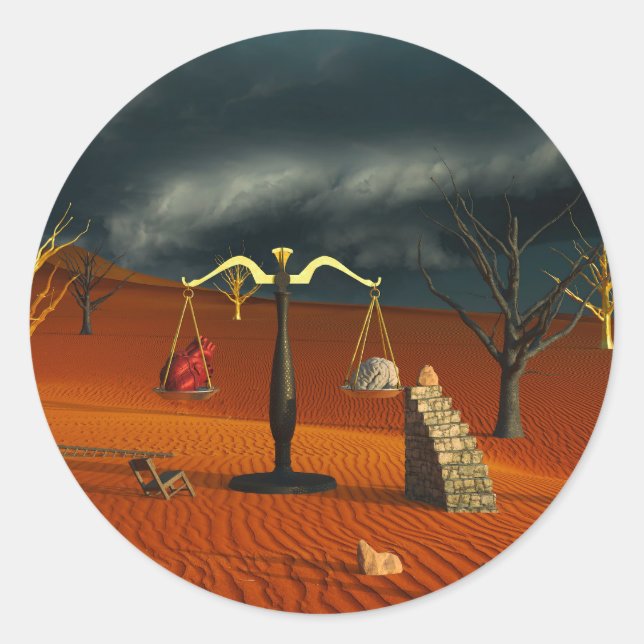 Pegatina Redonda Scales of Truth – Surreal Desert Symbolism (Anverso)