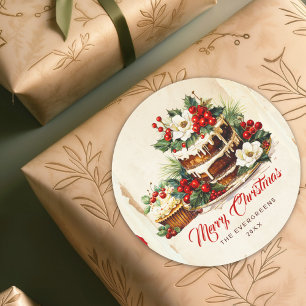 Pegatina Redonda Scandi Winter Foliage Watercolor Feliz Navidad