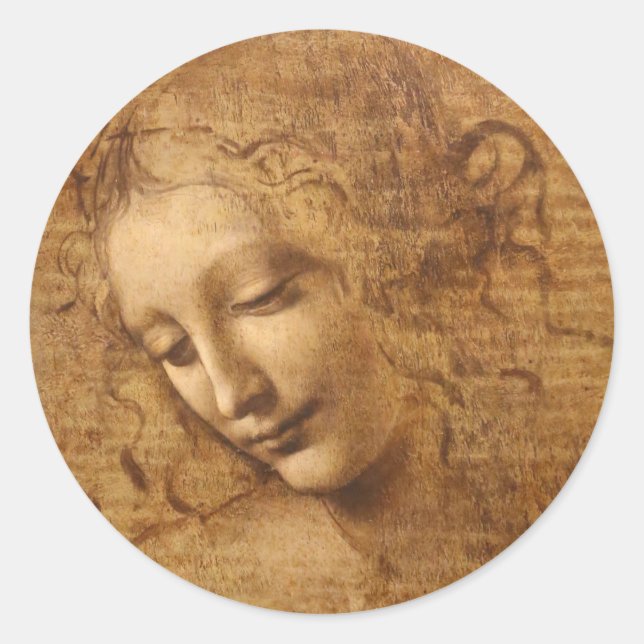 Pegatina Redonda Scapigliata de Leonardo da Vinci, jefa de mujer (Anverso)