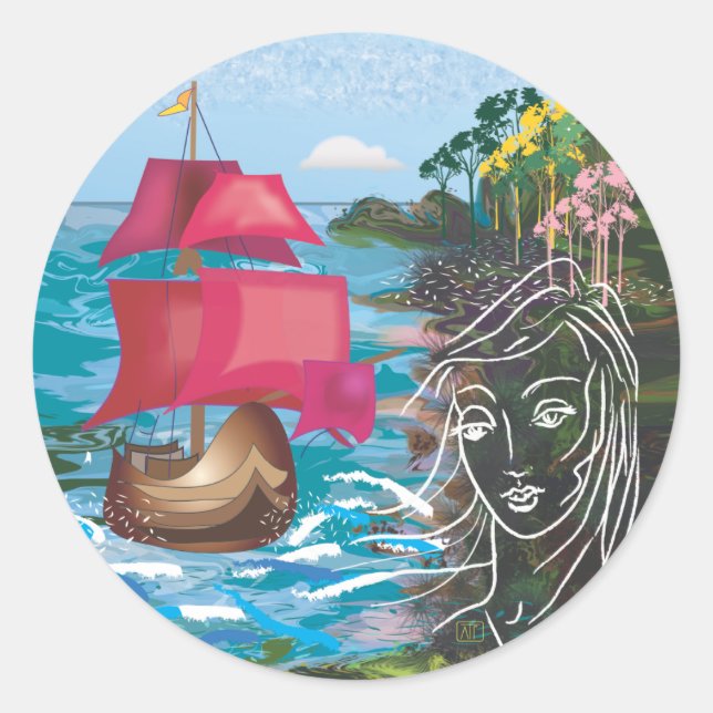 Pegatina Redonda Scarlet Sails (Anverso)