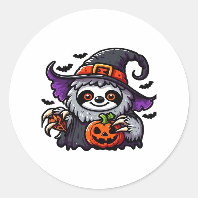 Pegatina Redonda Scary Halloween Sloth Witch Gorra disstume espeluz (Anverso)