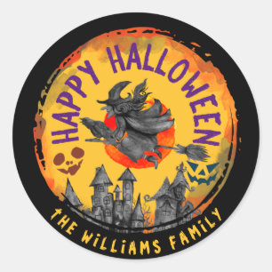 Pegatina Redonda Scary Happy Halloween Naranja Witch Broomstick