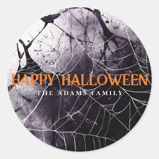 Pegatina Redonda Scary Spider Web Happy Halloween Custom Name (Anverso)