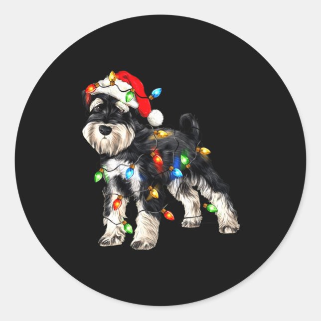 Pegatina Redonda Schnauzer Christmas Dog Christmas Lights Santa Hat (Anverso)