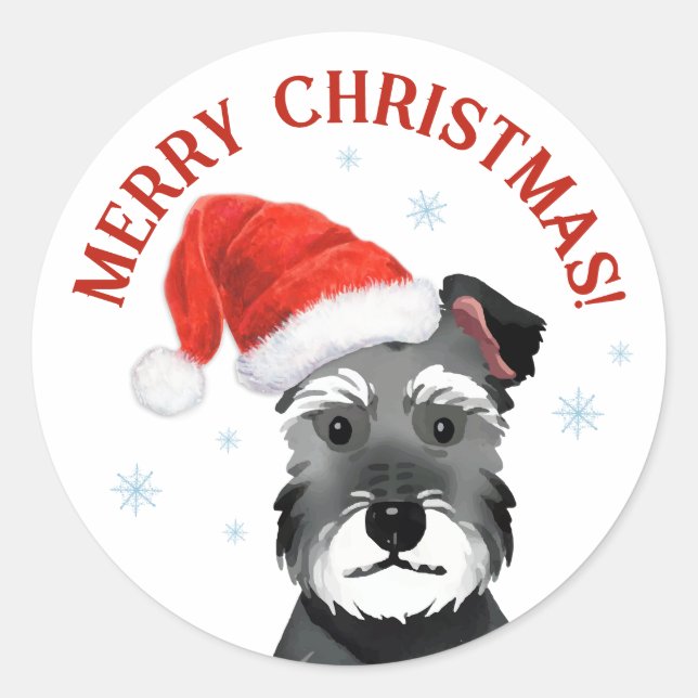 Pegatina Redonda Schnauzer con sombrero de Santa Navidad (Anverso)