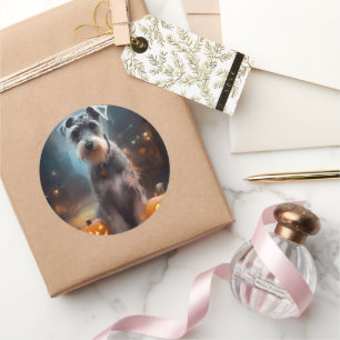 Pegatina Redonda Schnauzer de Halloween con calabazas aterradoras