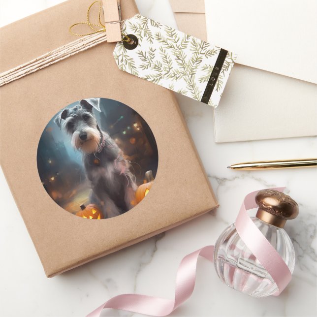 Pegatina Redonda Schnauzer de Halloween con calabazas aterradoras (Regalar)