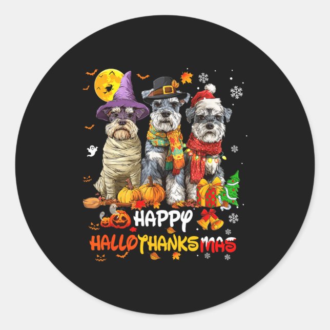 Pegatina Redonda Schnauzer Happy Hallothanksmas Dog Lover Christmas (Anverso)