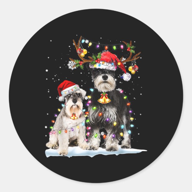 Pegatina Redonda Schnauzer Reindeer Santa Hat Xmas Encendió a Navid (Anverso)