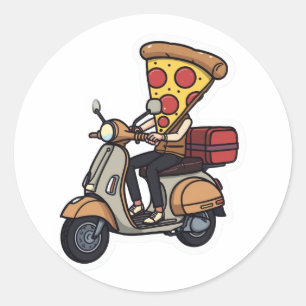 Pegatina Redonda Scooter de Entrega de Pizza Divertido - Jinete de