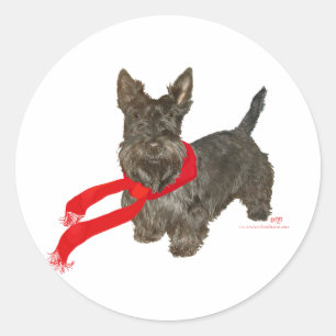 Pegatina Redonda Scottie de invierno con bufanda Wam
