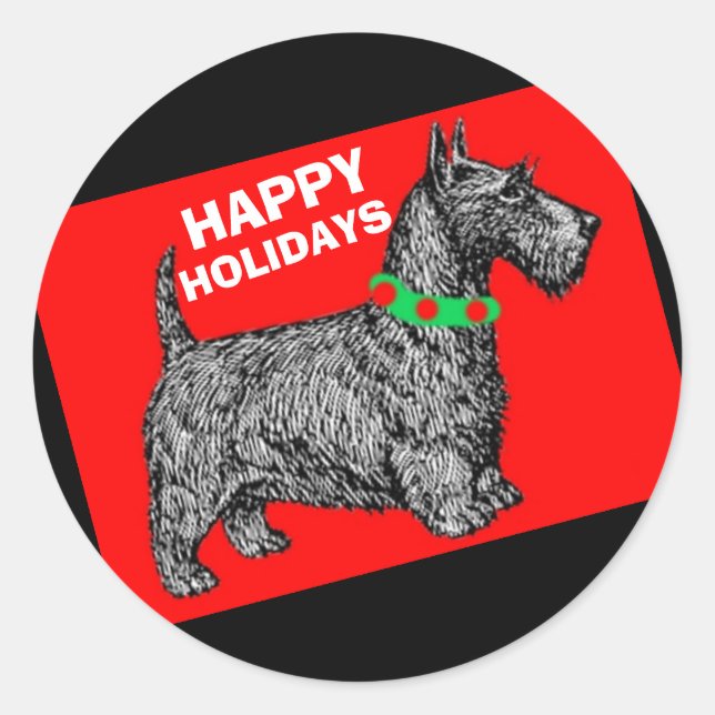 Pegatina Redonda Scottie Dog Scottish Terrier Happy Holidays (Anverso)