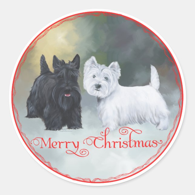 Pegatina Redonda Scottie Westie Navidad (Anverso)