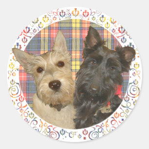 Pegatina Redonda Scotties trigueños y negros sobre Tartán