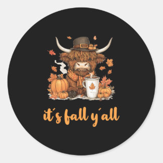 Pegatina Redonda Scottish Cow Fall Thanksgiving It´s Fall Yáll 