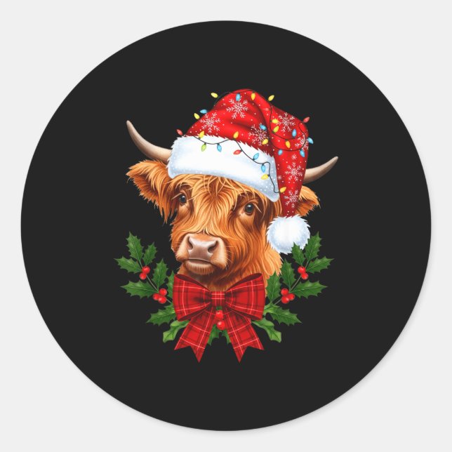 Pegatina Redonda Scottish Highland Cow Christmas Funny Cow Lover Xm (Anverso)