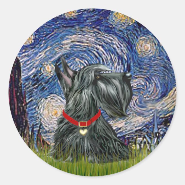 Pegatina Redonda Scottish Terrier 12c - Noche estrellada (Anverso)