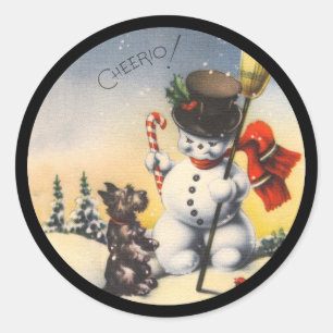 Pegatina Redonda Scotty y Snowman dicen "cheerio".