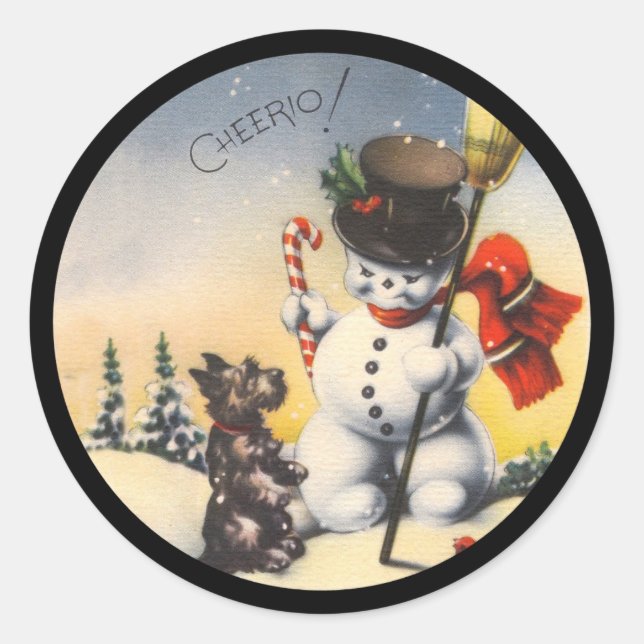 Pegatina Redonda Scotty y Snowman dicen "cheerio". (Anverso)