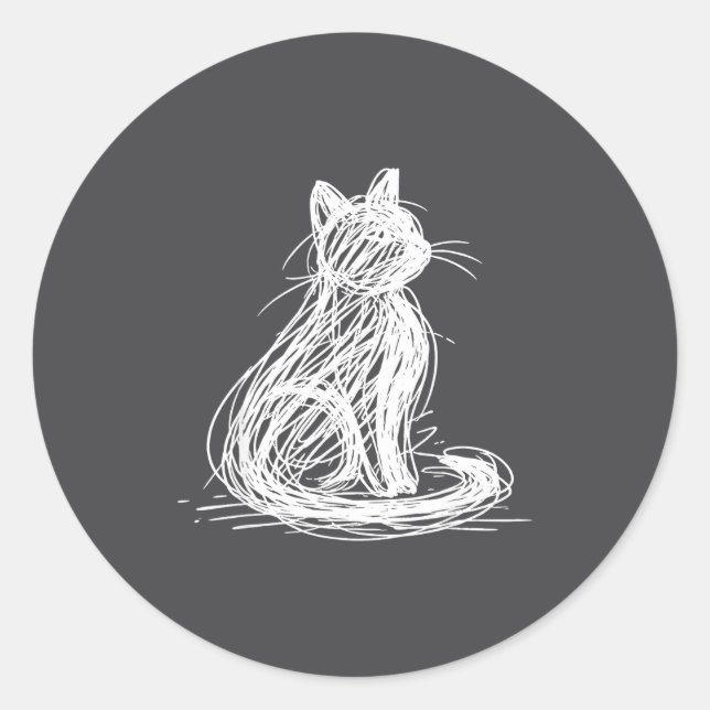 Pegatina Redonda Scribble Cat Minimal Line Art Japanese  (Anverso)