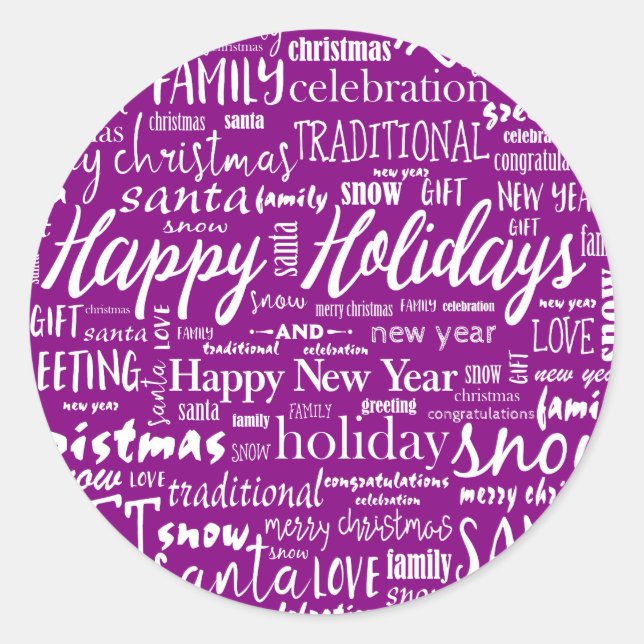 Pegatina Redonda Script Alegre Navidad Merry Christmas Morado Capri (Anverso)