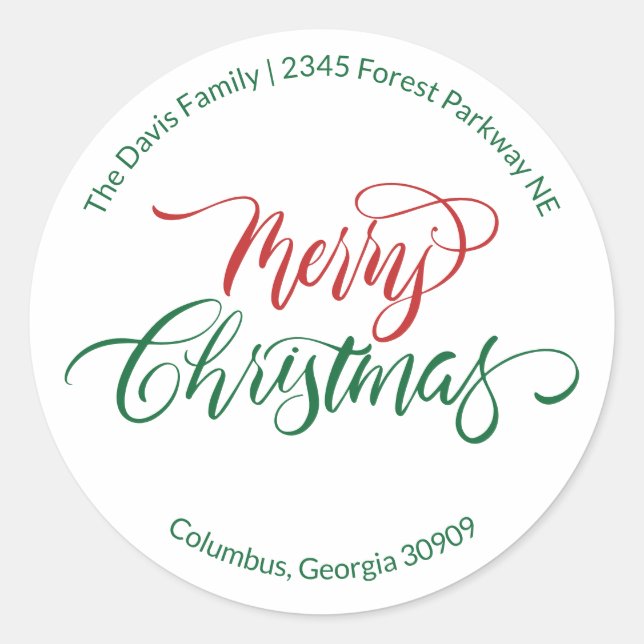 Pegatina Redonda Script Calligraphy Merry Christmas Return Address (Anverso)