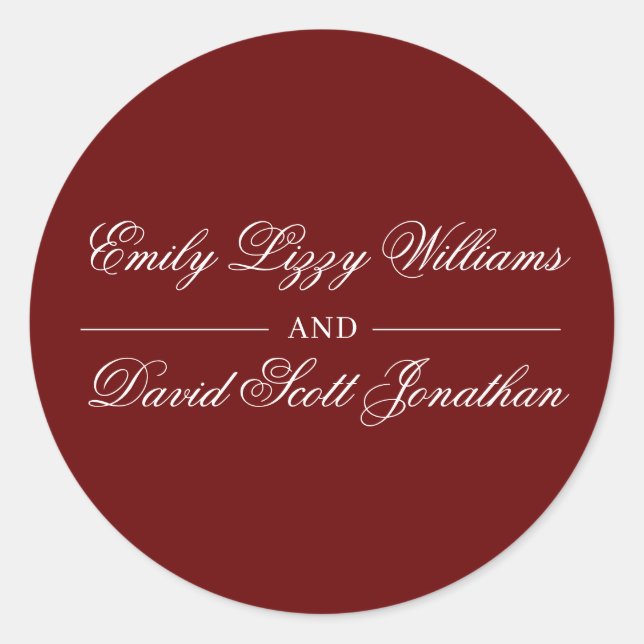 Pegatina Redonda Script de caligrafía roja de Crimson clásico (Anverso)