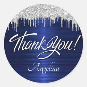 Pegatina Redonda Script Gracias Cumpleaños Silver Purpurina Azul