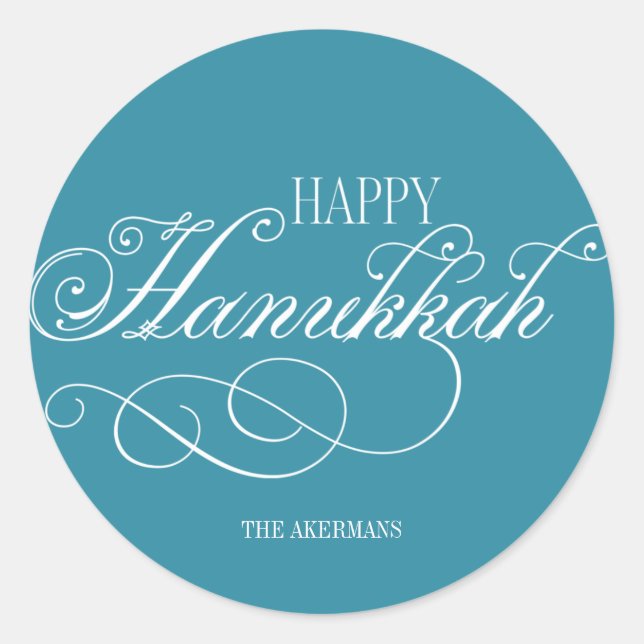 Pegatina Redonda Script Happy Hanukkah Holiday (Anverso)