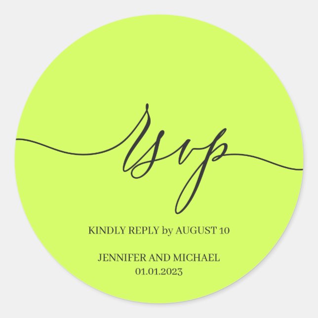 Pegatina Redonda Script Signature Elegant Wedding RSVP Cyber Lime (Anverso)