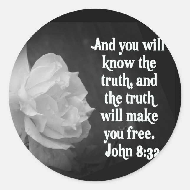 Pegatina Redonda SCRIPTURA John 8:32 Flores negras/blancas (Anverso)