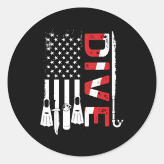 Pegatina Redonda Scuba Buceo Gear American Scuba Buver con bandera 